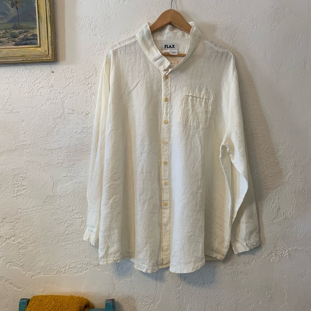 FLAX NWT VTG 100% LINEN BLOUSE  IVORY CREAM TUNIC BUTTON LARGE LAGENLOOK RESORT